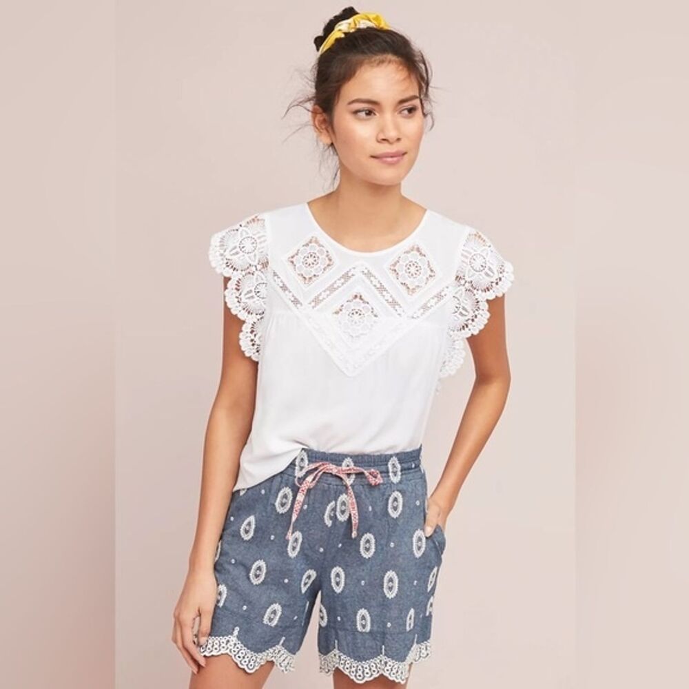 Anthropologie Boho Blue Eyelet Chambray Shorts Womens Large Fall Beach Preppy - Picture 1 of 10